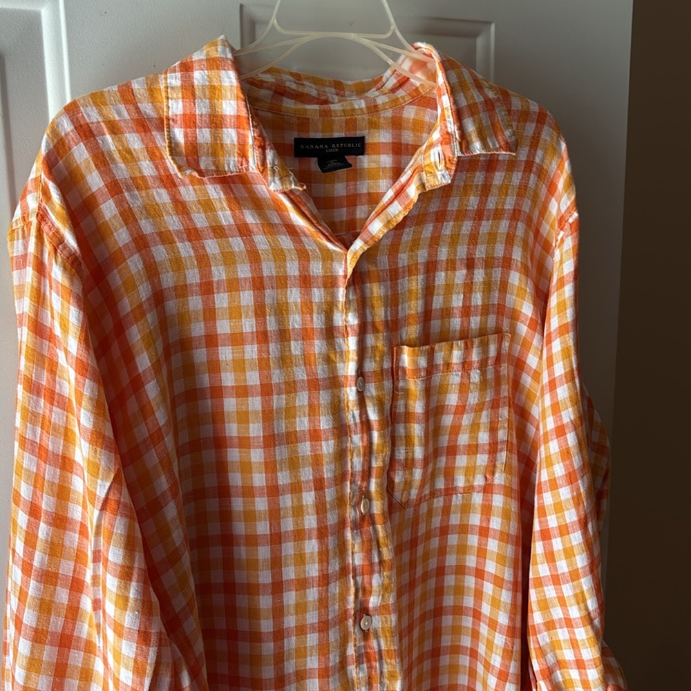 Banana Republic Orange and White Gingham Button-Down Shirt